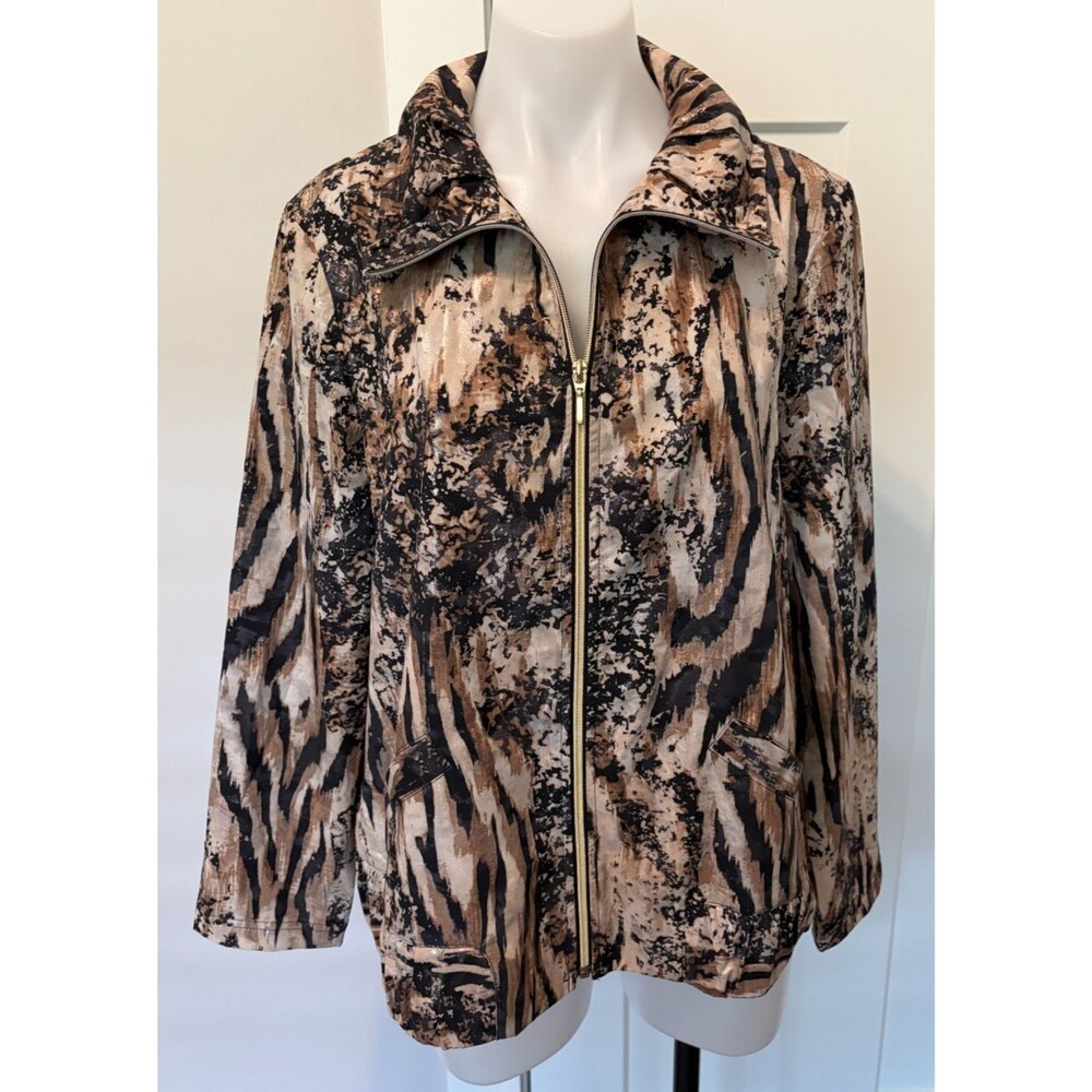 CHICOS Zenergy Womens Zip JACKET Long Sleeve TAN Black Animal Print Sz 2 (L/12)